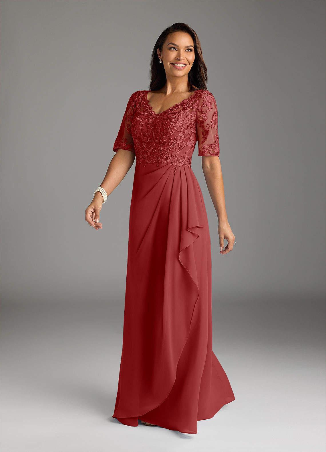 Amedeus A-Line V-Neck Chiffon and Lace Mother of the Bride Dress in Rust