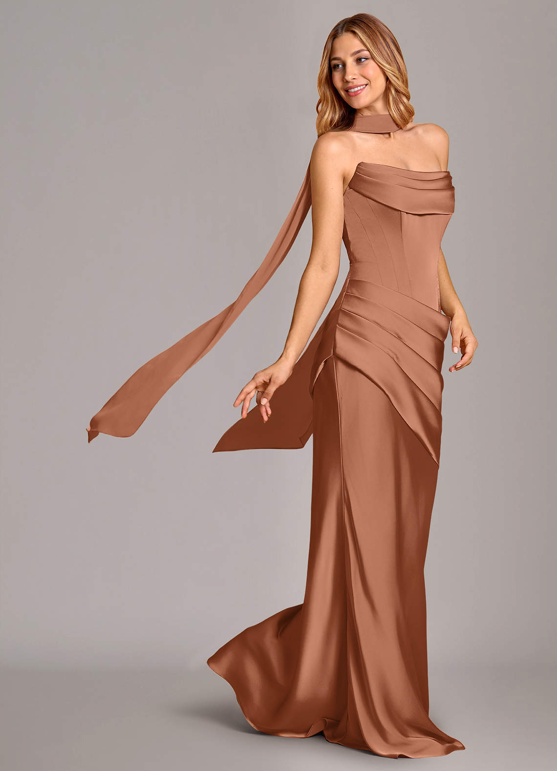 Pelagia Mermaid Cowl-Neck Stretch Satin Bridesmaid Dress in Bronzer