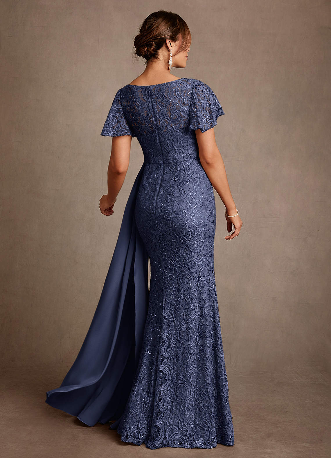 Harrison Mermaid Scoop-Neck Stretch Satin and Lace Mother of the Bride Dress in Stormy