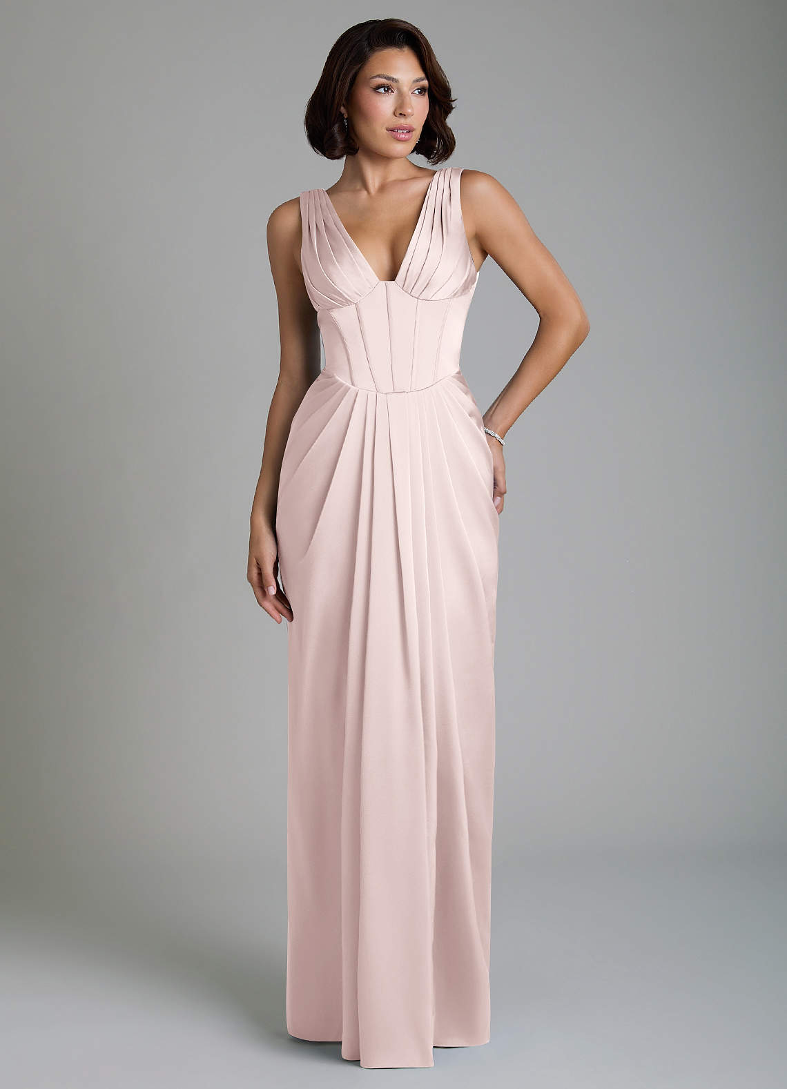 Vanya Sheath V-Neck Stretch Satin Bridesmaid Dress in Blushing Pink