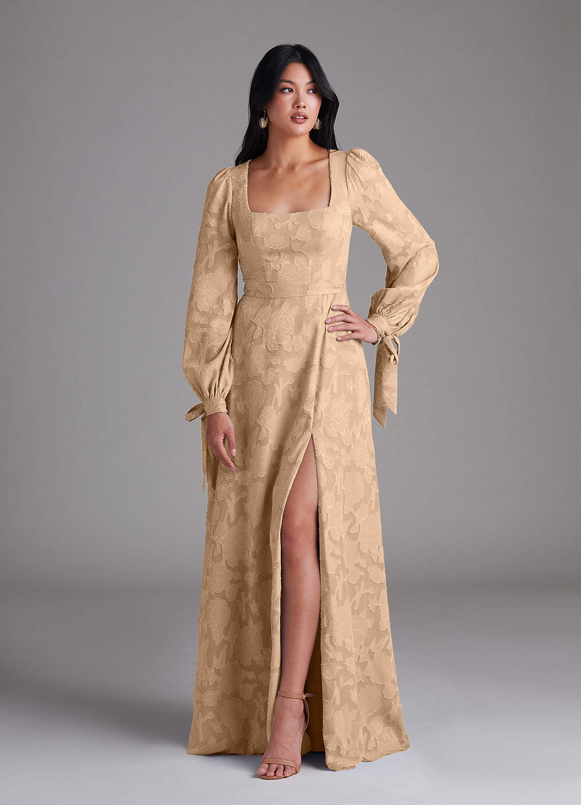 Leonia A-Line Square-Neck Stretch Satin Bridesmaid Dress in Champagne