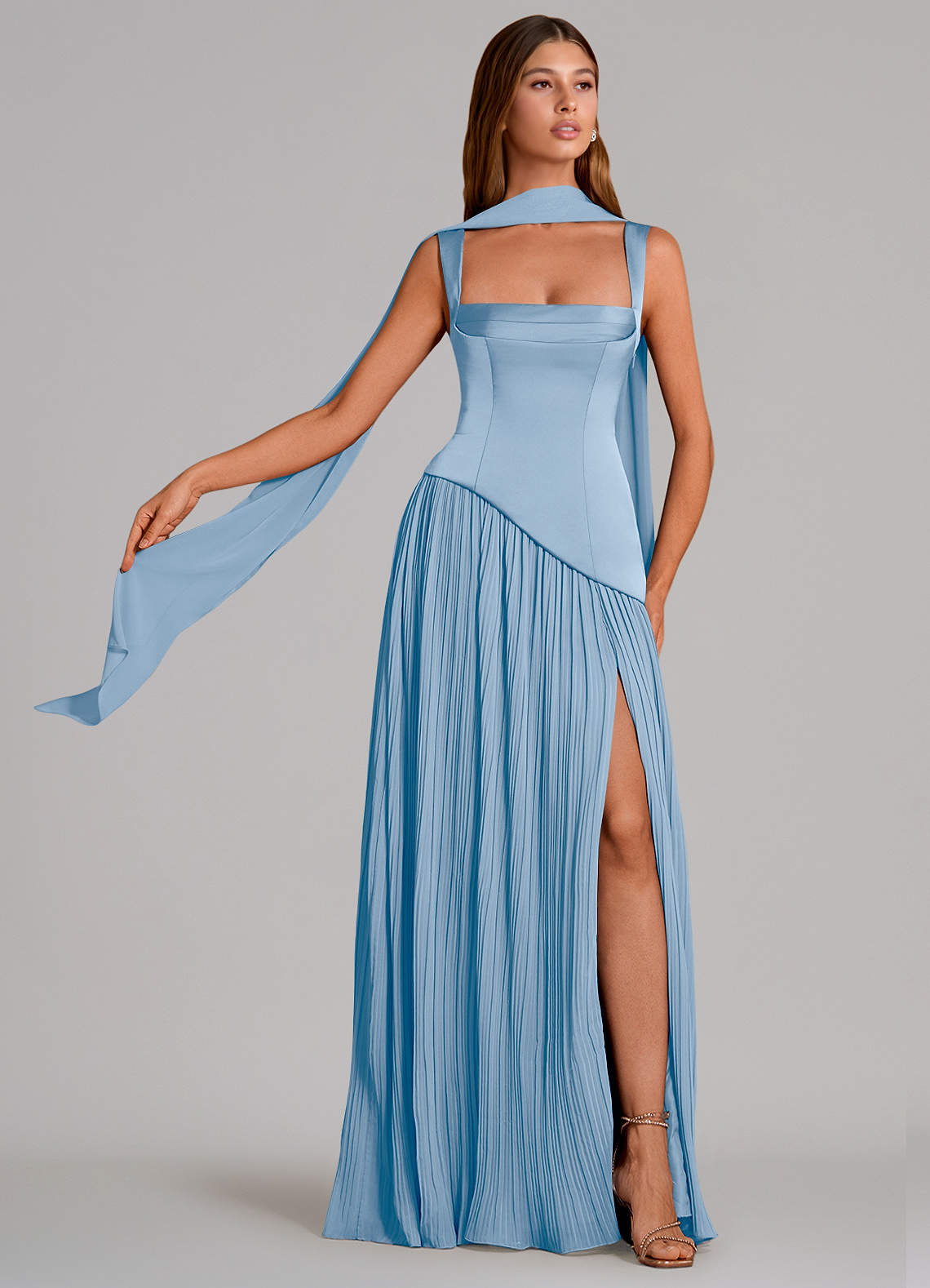 Stephanie A-Line Square-Neck Stretch Satin and Chiffon Bridesmaid Dress in Powder Blue