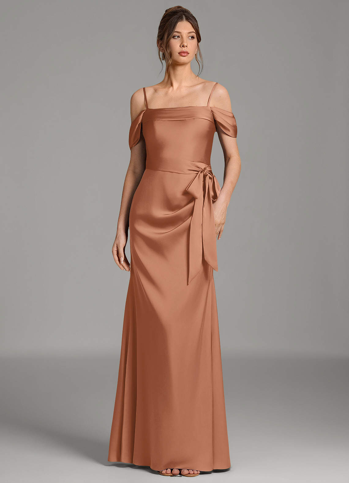 Wyatt Mermaid Off-the-Shoulder Stretch Satin Bridesmaid Dress in Bronzer