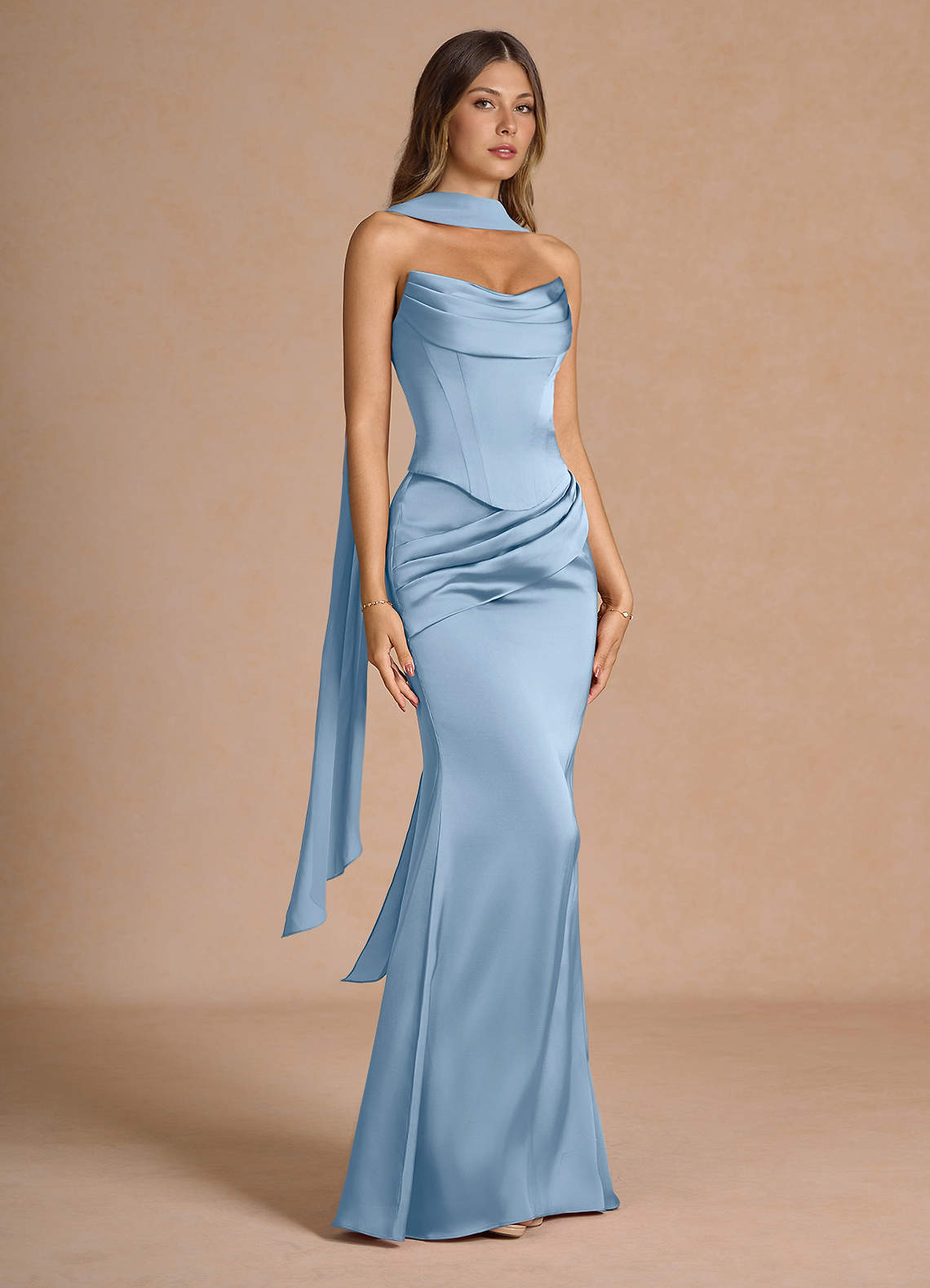 Sorrel Mermaid Corset Stretch Satin Evening Set in Haze blue