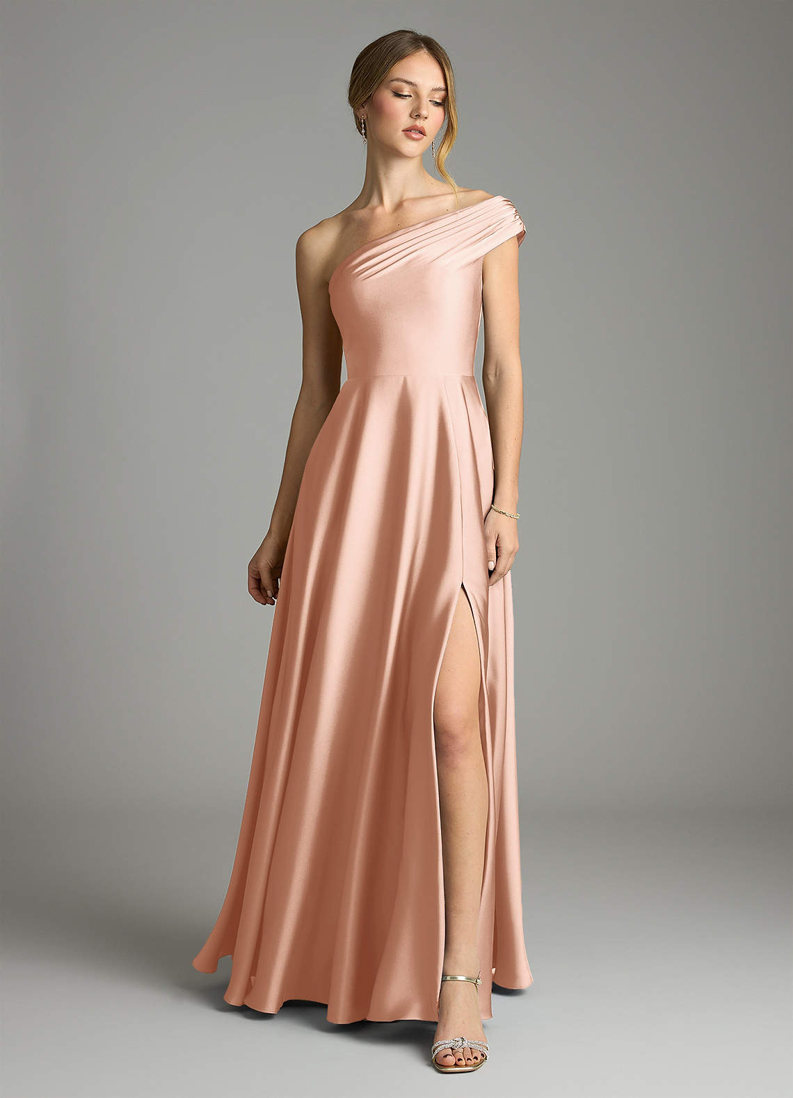 Melanie A-Line One-Shoulder Stretch Satin Bridesmaid Dress in rose gold