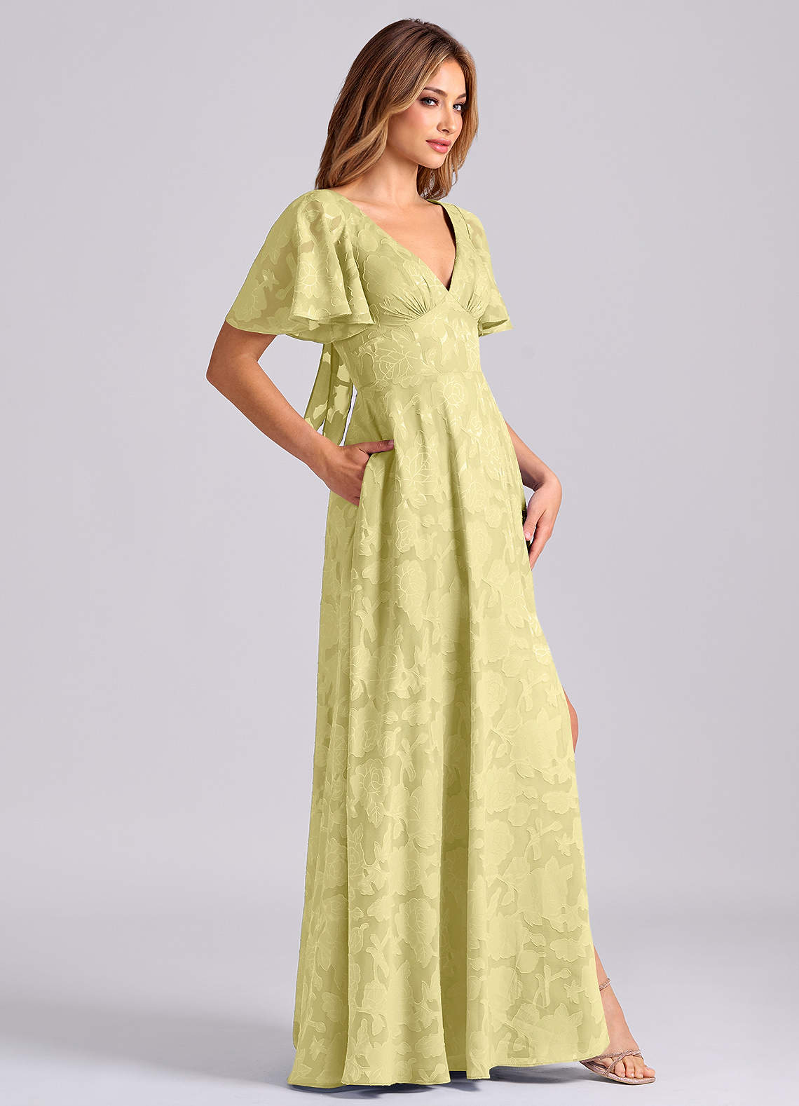 Kimber A-Line V-Neck Floral Burnout Bridesmaid Dress in Lemon Sorbet