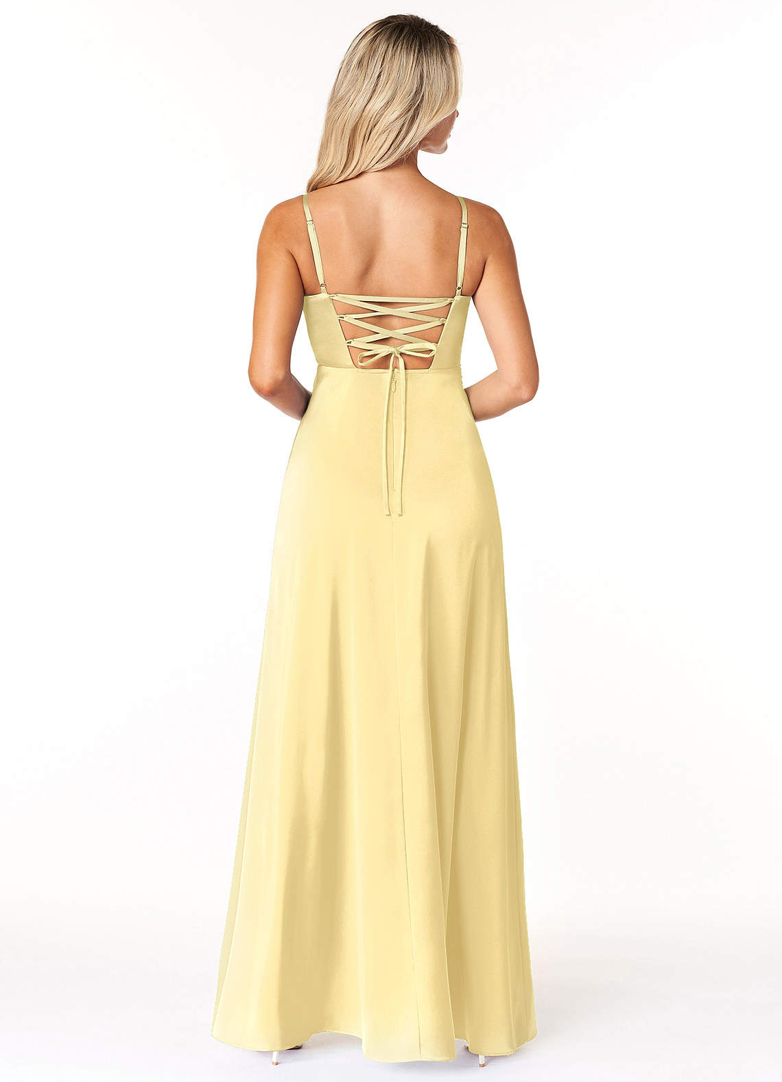 Marchella A-Line V-Neck Stretch Satin Bridesmaid Dress in Butter