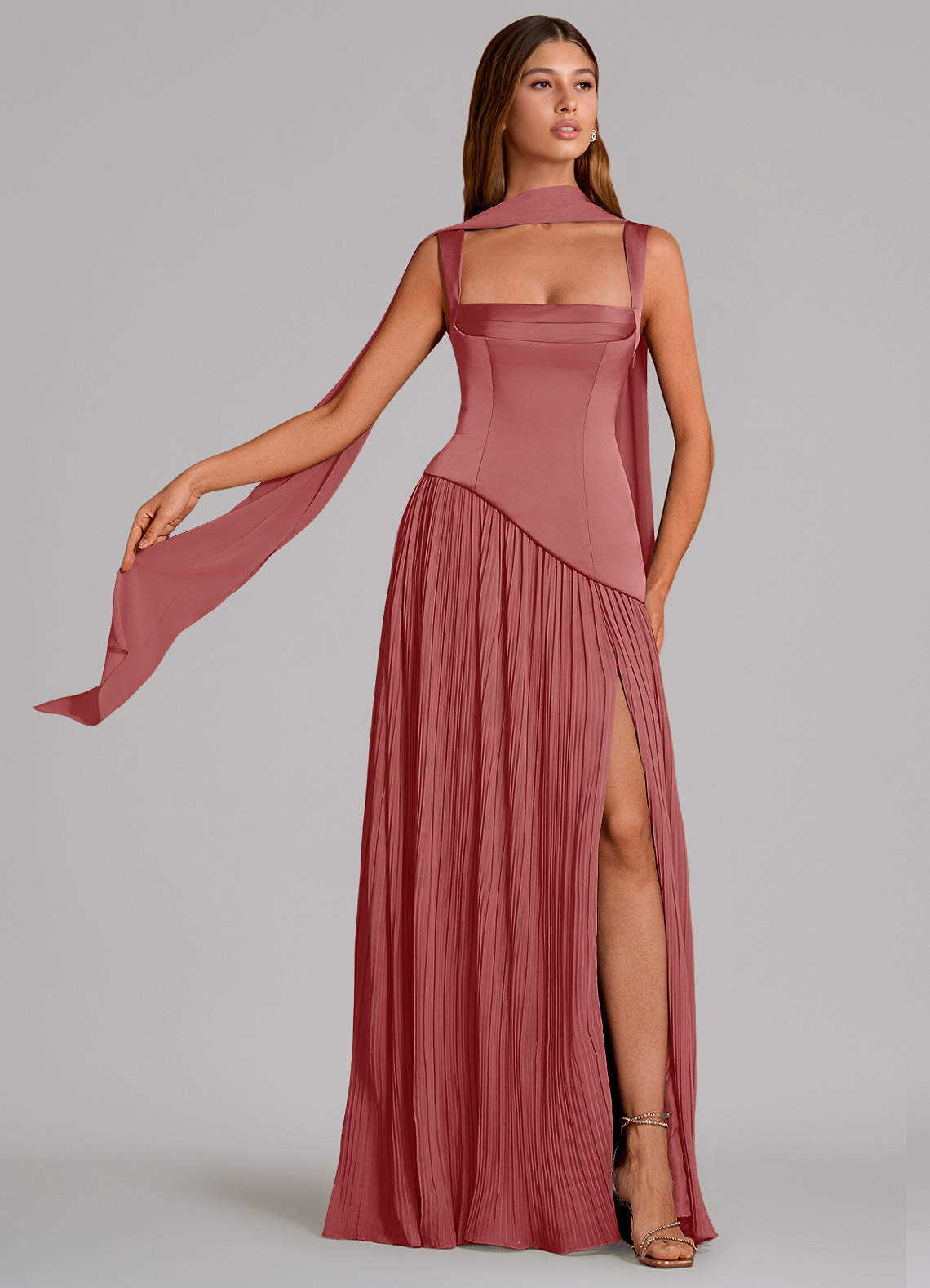 Stephanie A-Line Square-Neck Stretch Satin and Chiffon Bridesmaid Dress in Antique Rose