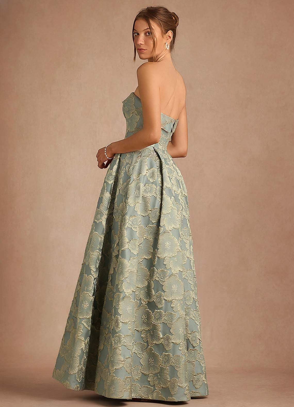 Florentine A-Line Bandeau Jacquard Taffeta Evening Dress in Blue