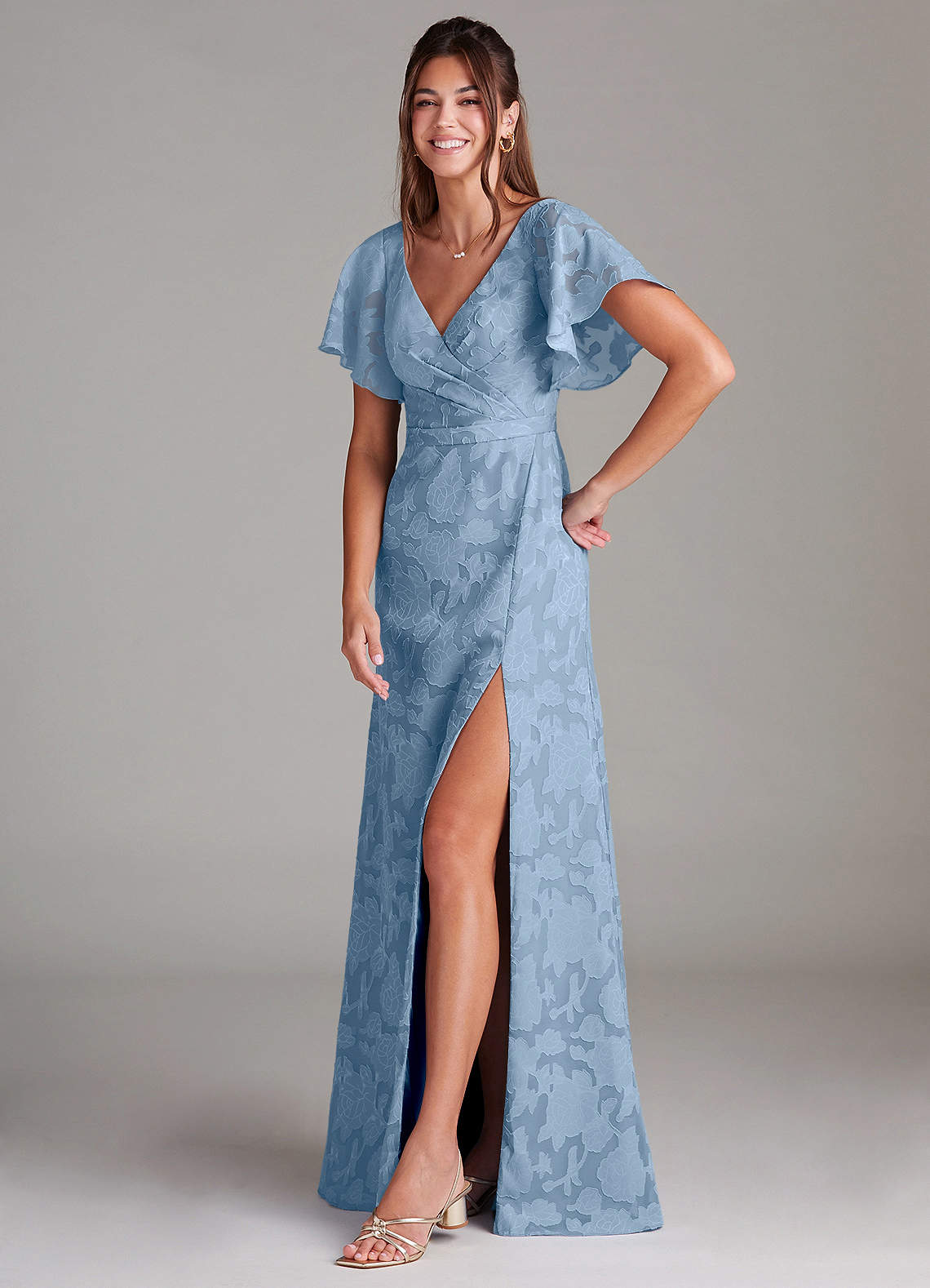 Ambrosia A-Line V-Neck Floral Burnout Bridesmaid Dress in Powder Blue