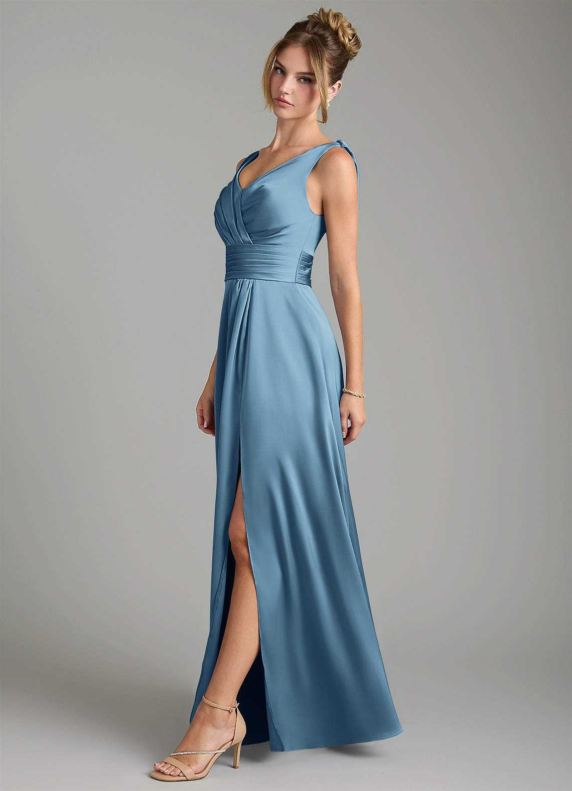 Karina A-Line V-Neck Stretch Satin Bridesmaid Dress in Steel Blue