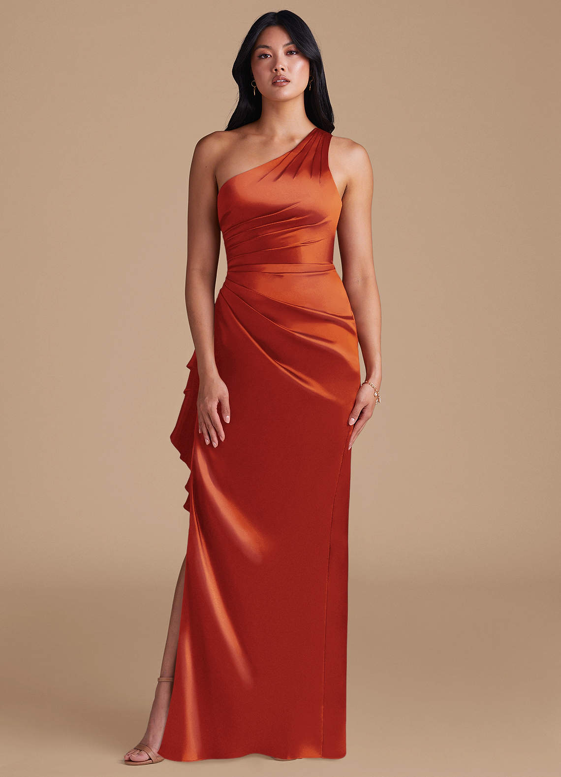 Latrice Sheath One-Shoulder Metallic Satin Bridesmaid Dress in Paprika