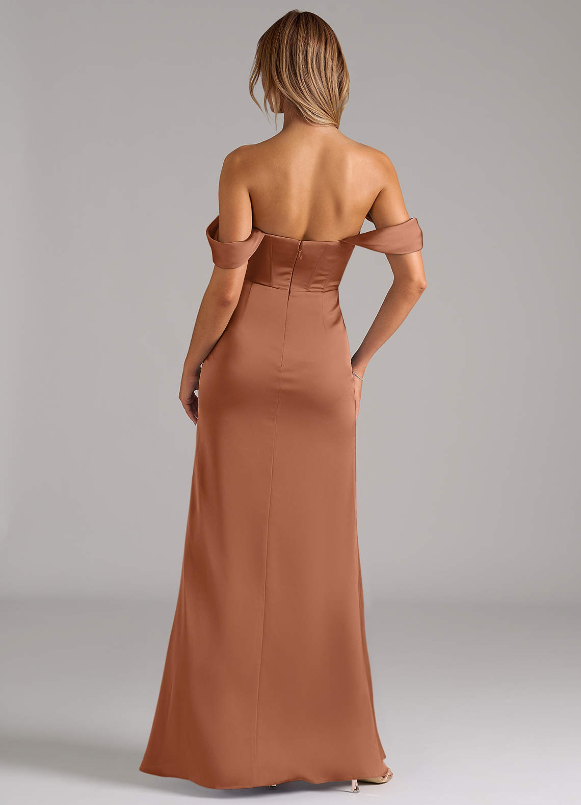 Johana Mermaid Off-the-Shoulder Stretch Satin Bridesmaid Dress in Bronzer