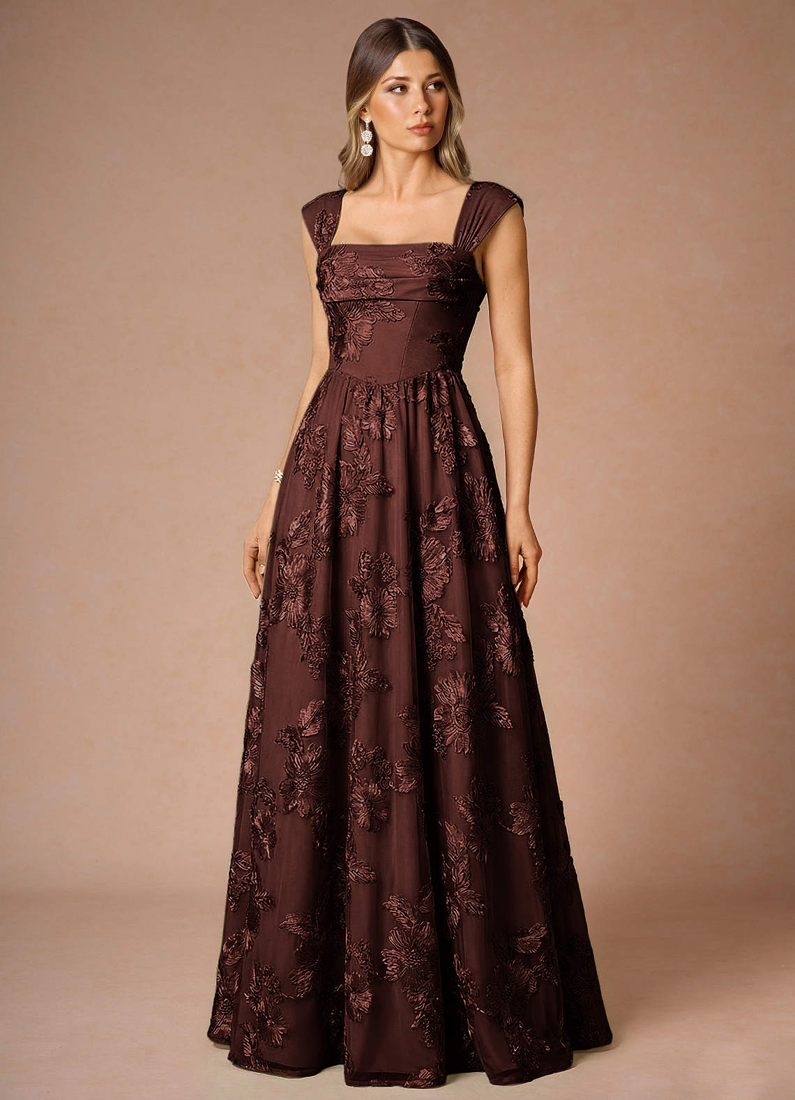 Hazel A-Line Cowl-Neck Floral Mesh Wedding Guest Dress in Burgundy