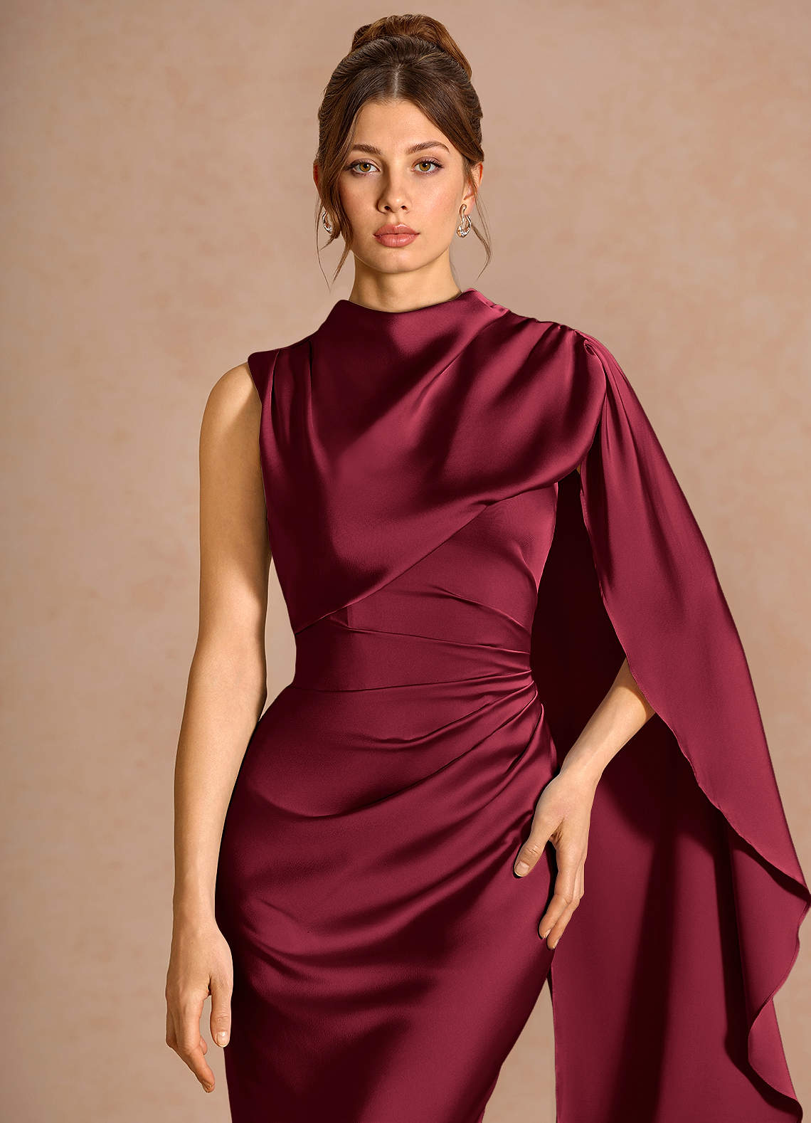 Chesney Cape-Sleeve Pleated Stretch Satin Wedding Guest Dress in Merlot