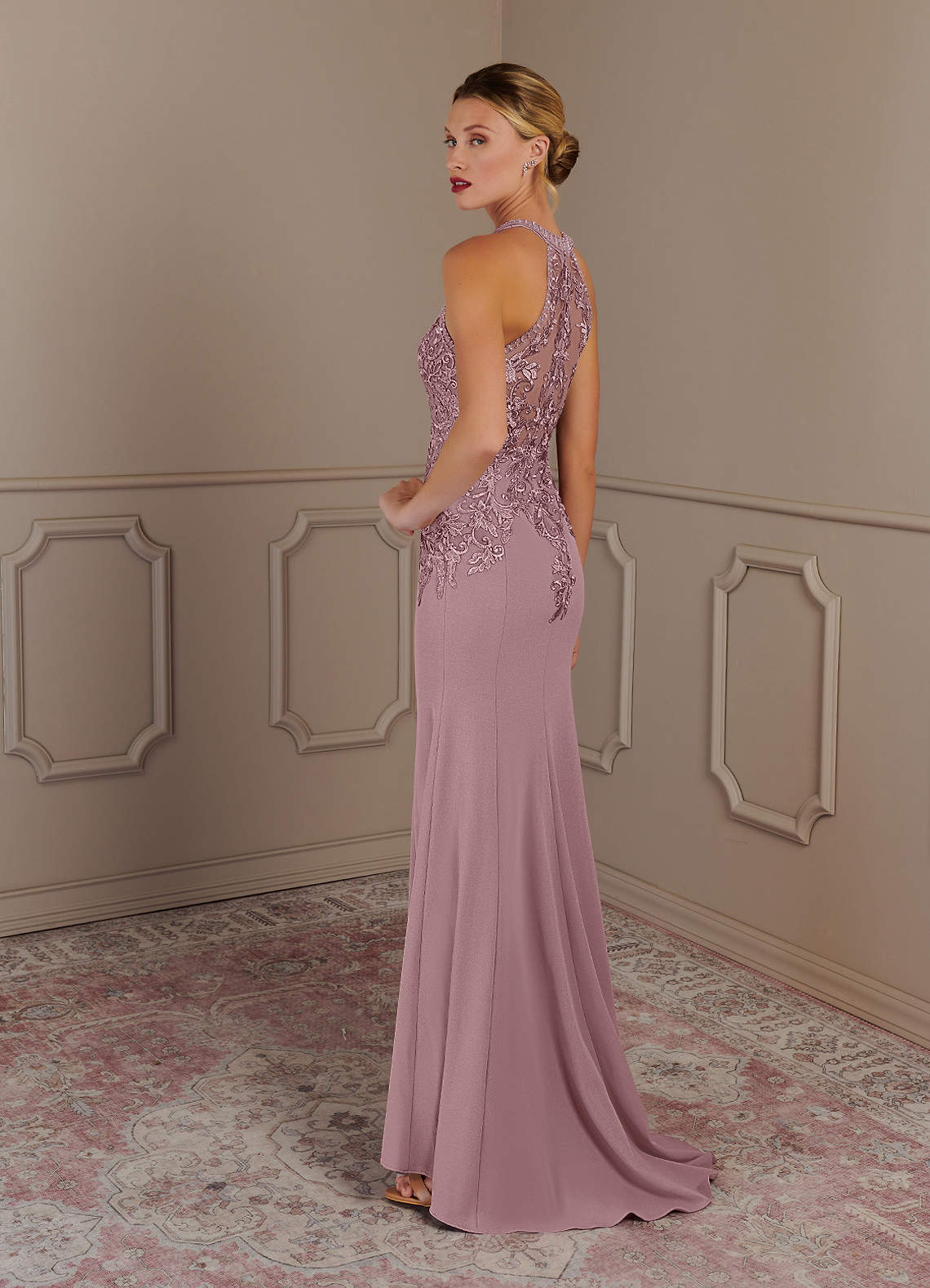 Tyra Mermaid Halter Tulle and Stretch Crepe Mother of the Bride Dress in Dusty Rose