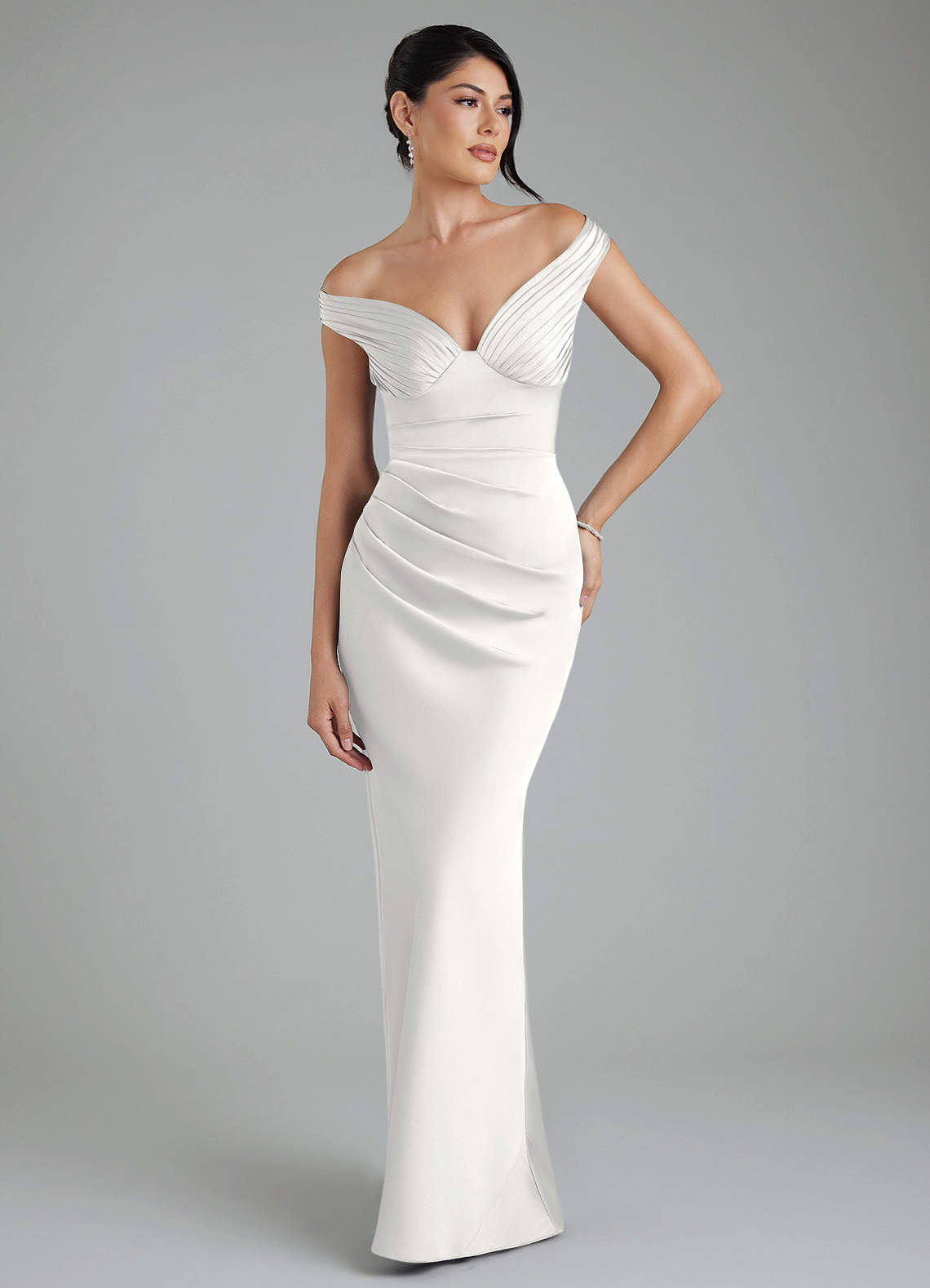 Stella Sheath V-Neck Stretch Satin Bridesmaid Dress in white