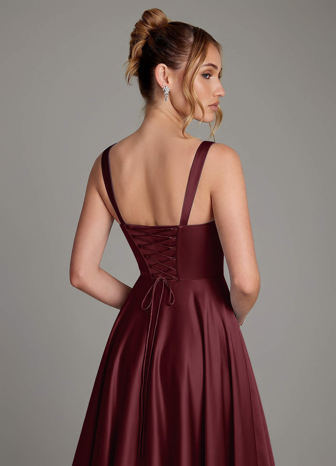 Azaria A-Line Square-Neck Stretch Satin Bridesmaid Dress in Cabernet