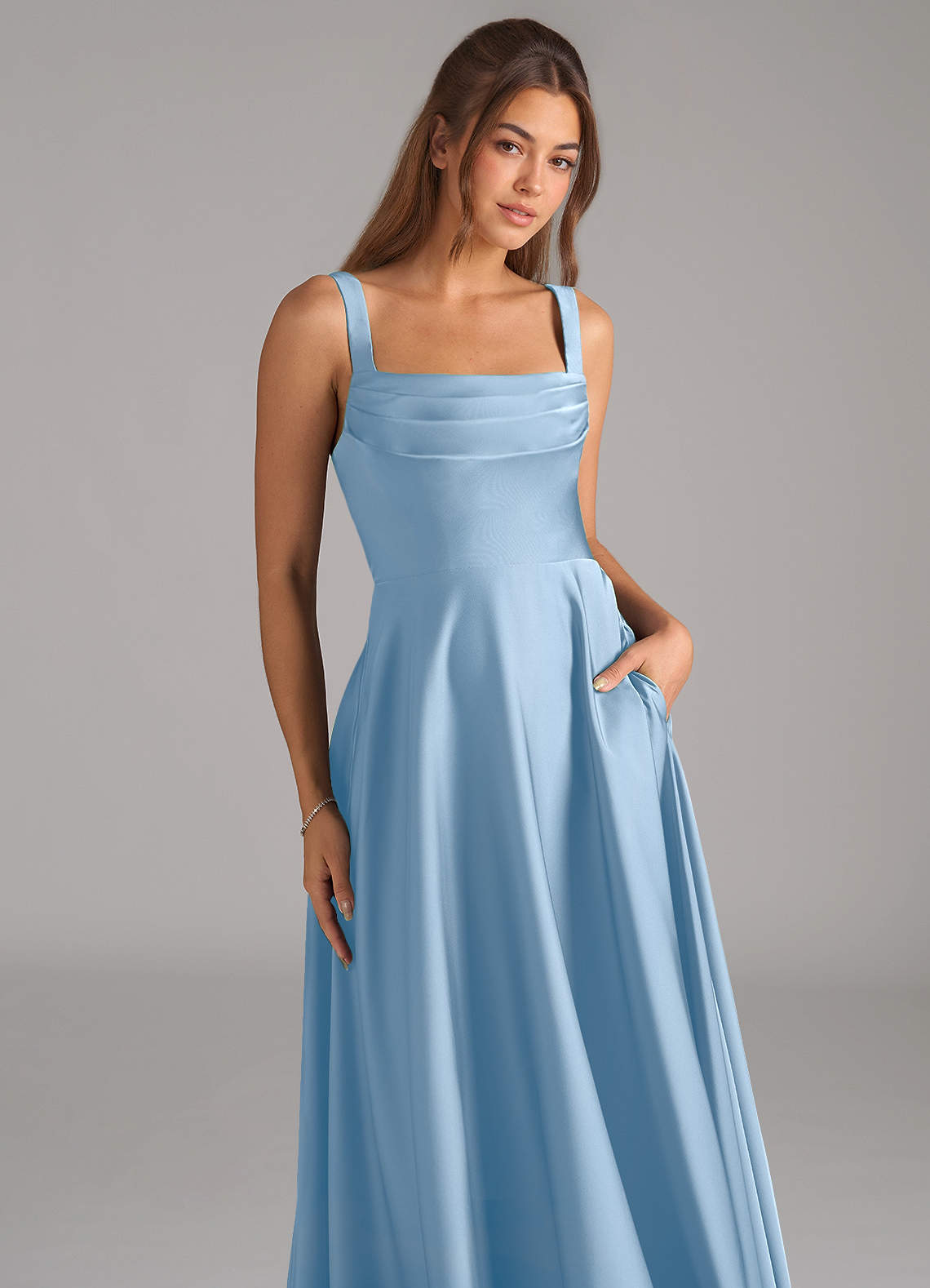 Shaude A-Line Square-Neck Stretch Satin Bridesmaid Dress in Powder Blue