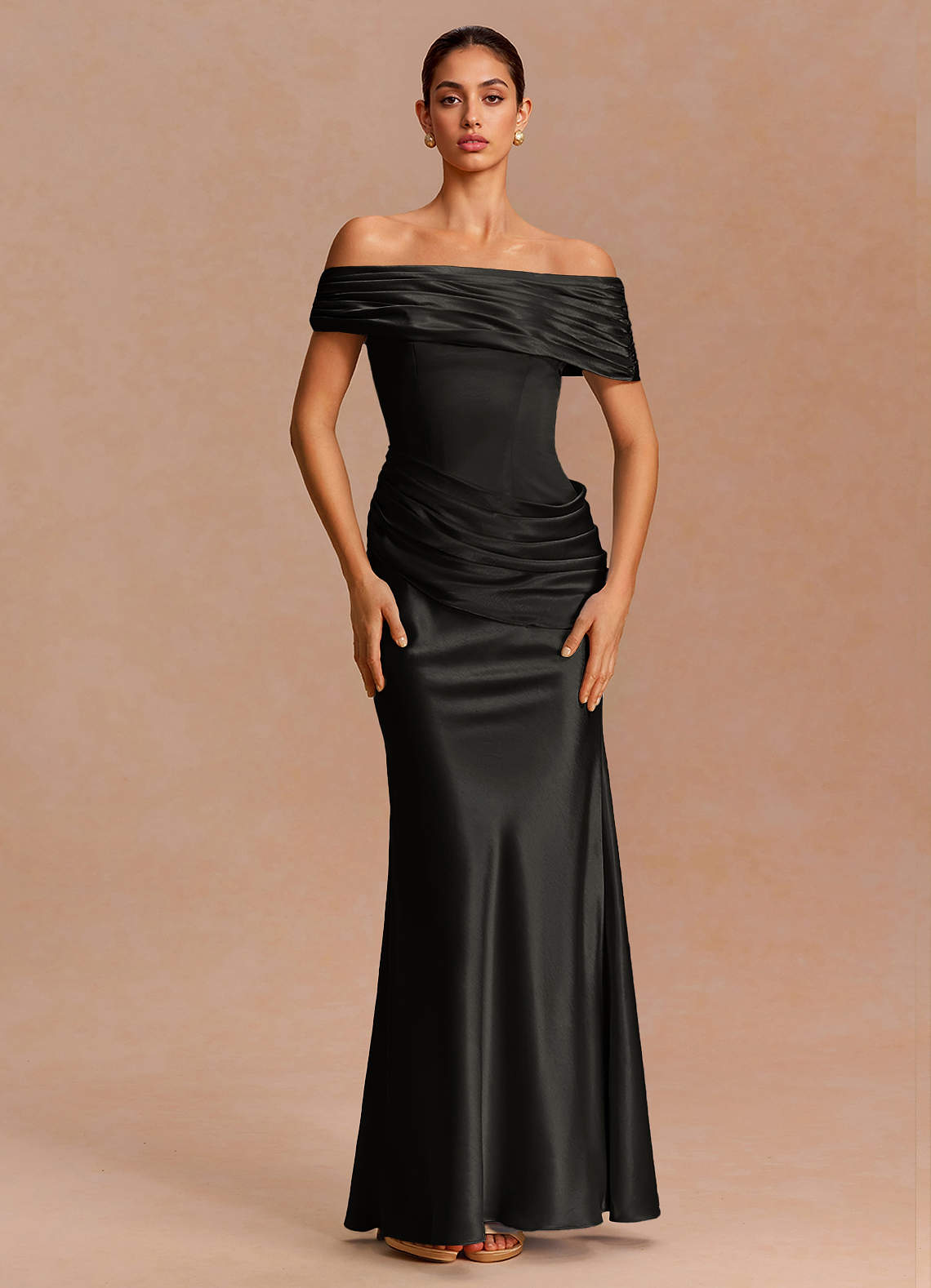 Leonie Strapless Draped-Shoulder Satin Evening Dress in White