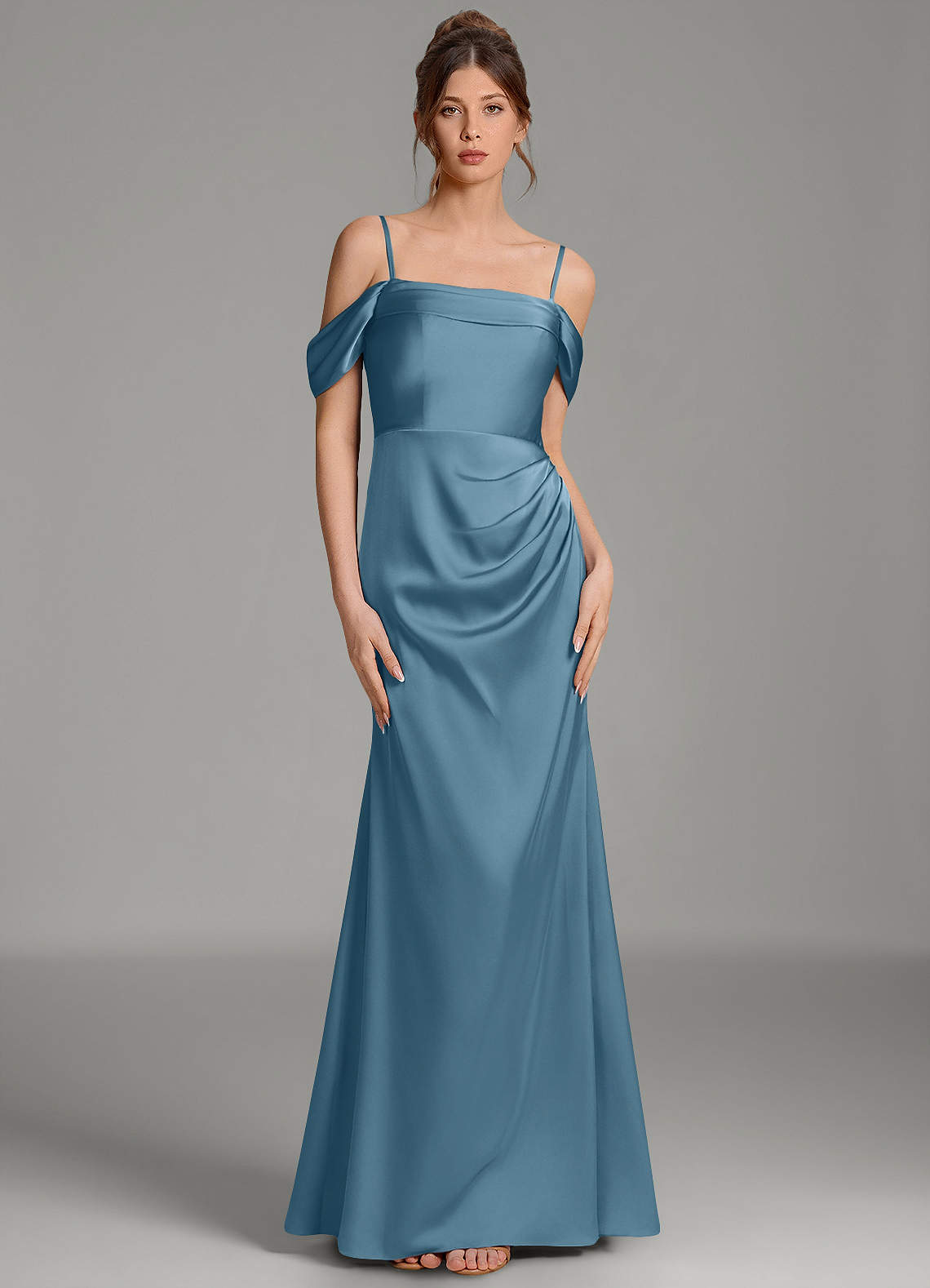 Wyatt Mermaid Off-the-Shoulder Stretch Satin Bridesmaid Dress in Bermuda