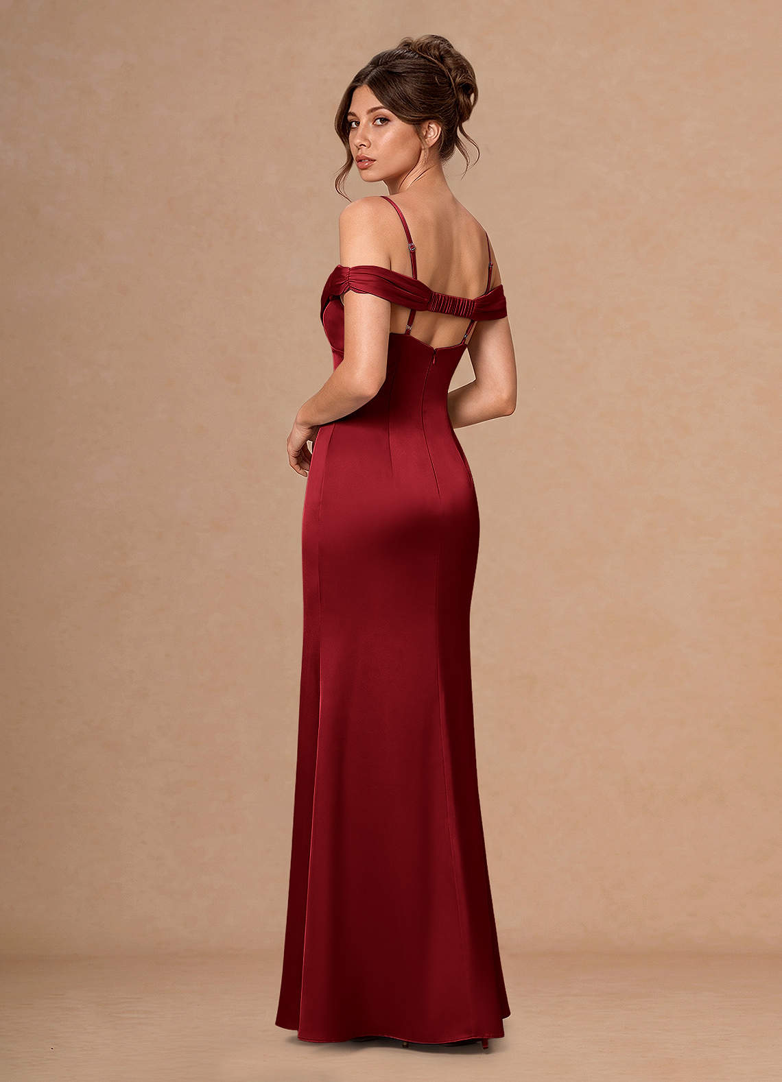 Estelle A-Line Cold-Shoulder Satin Chiffon Evening Dress in Cherry Red