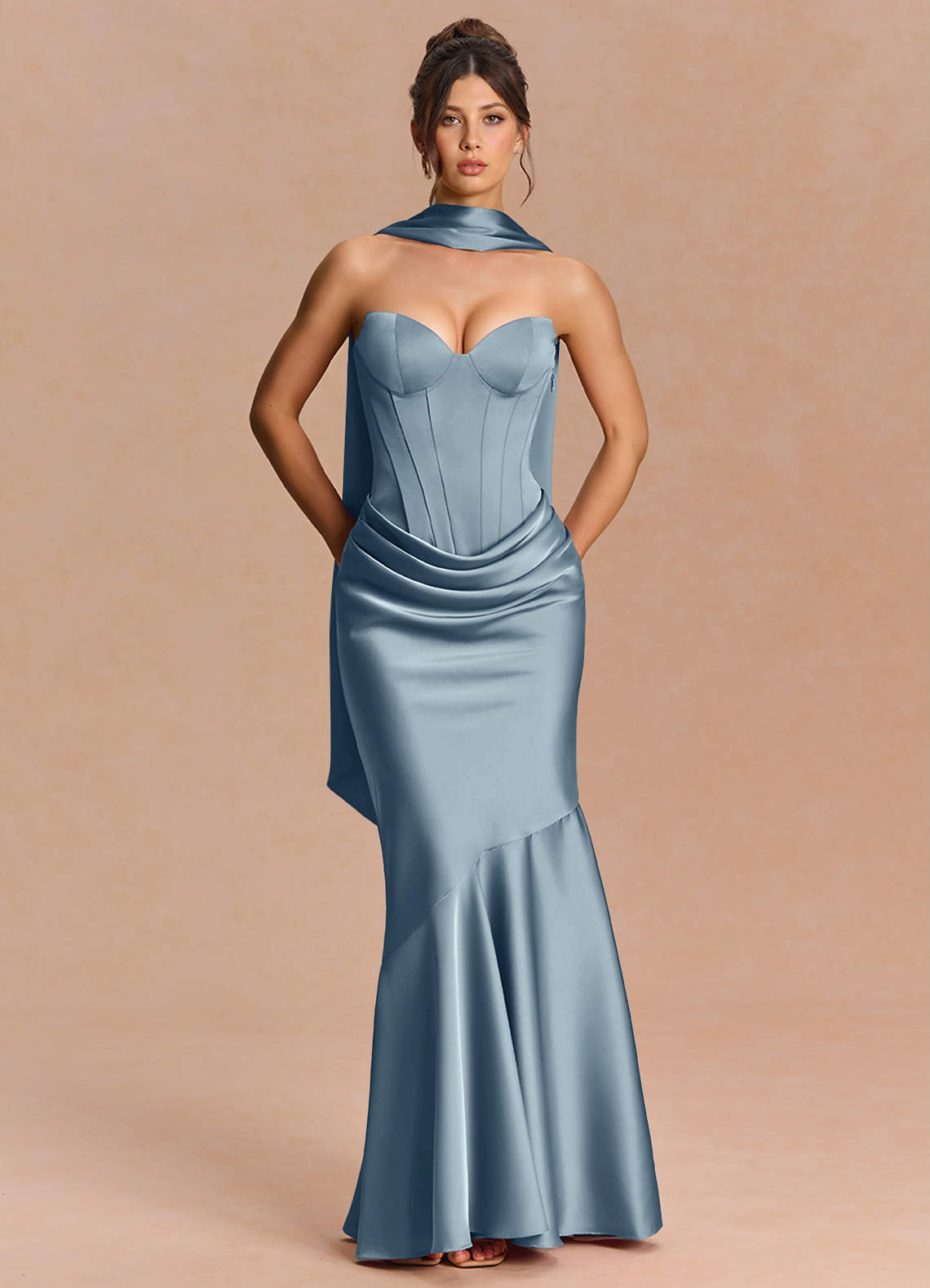Euphemia Mermaid Strapless Stretch Satin Evening Dress in Powder Blue