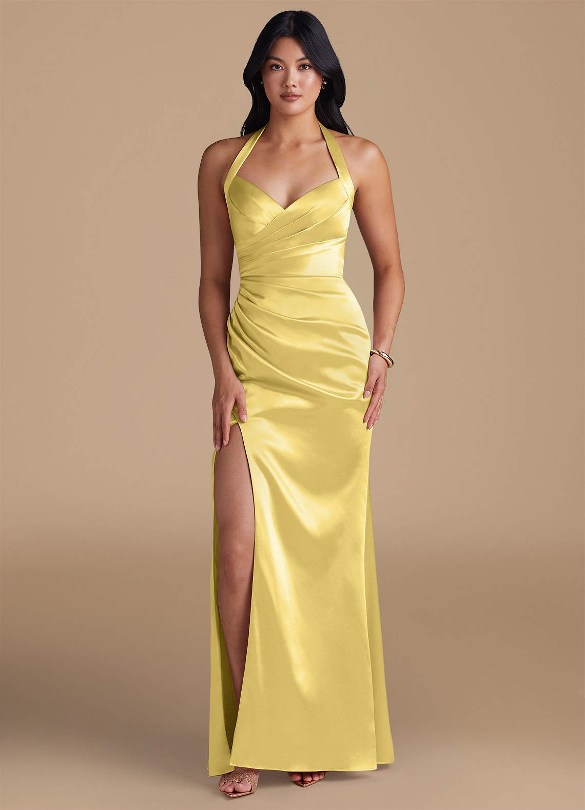 Emeria Sheath Halter Metallic Satin Bridesmaid Dress in Canary