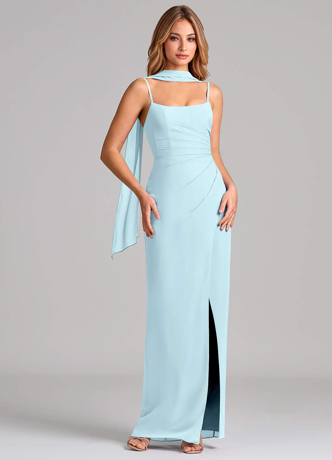 Calandra Sheath Scoop-Neck Chiffon Bridesmaid Dress in Cloud Blue