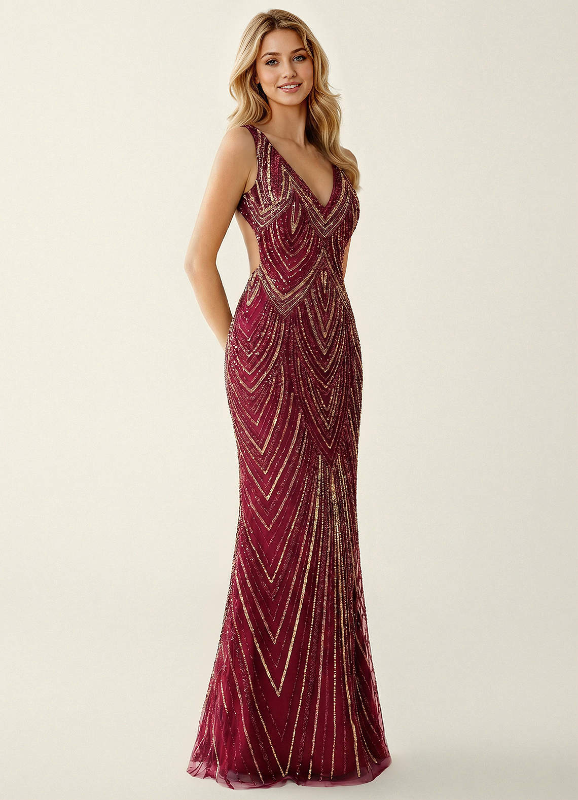 Hazelen Plunging V-Neck Chevron Sequin Tulle Evening Dress in Solid Navy