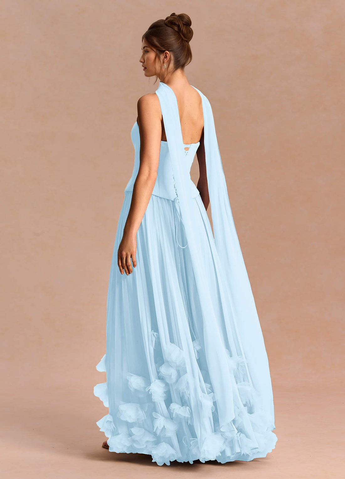 Noeline A-Line Corset Chiffon Evening Dress in Light Blue