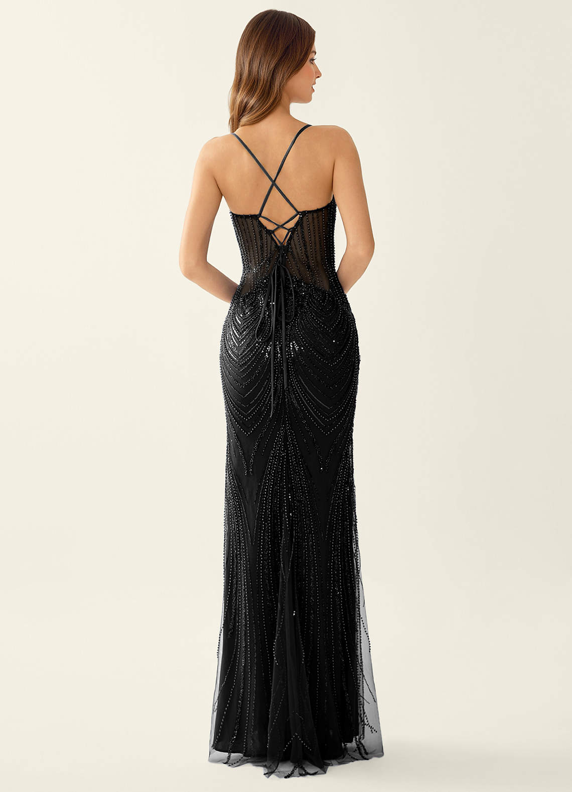 Magnolia Mermaid Beaded Sequined Stretch Mesh Evening Dress in black