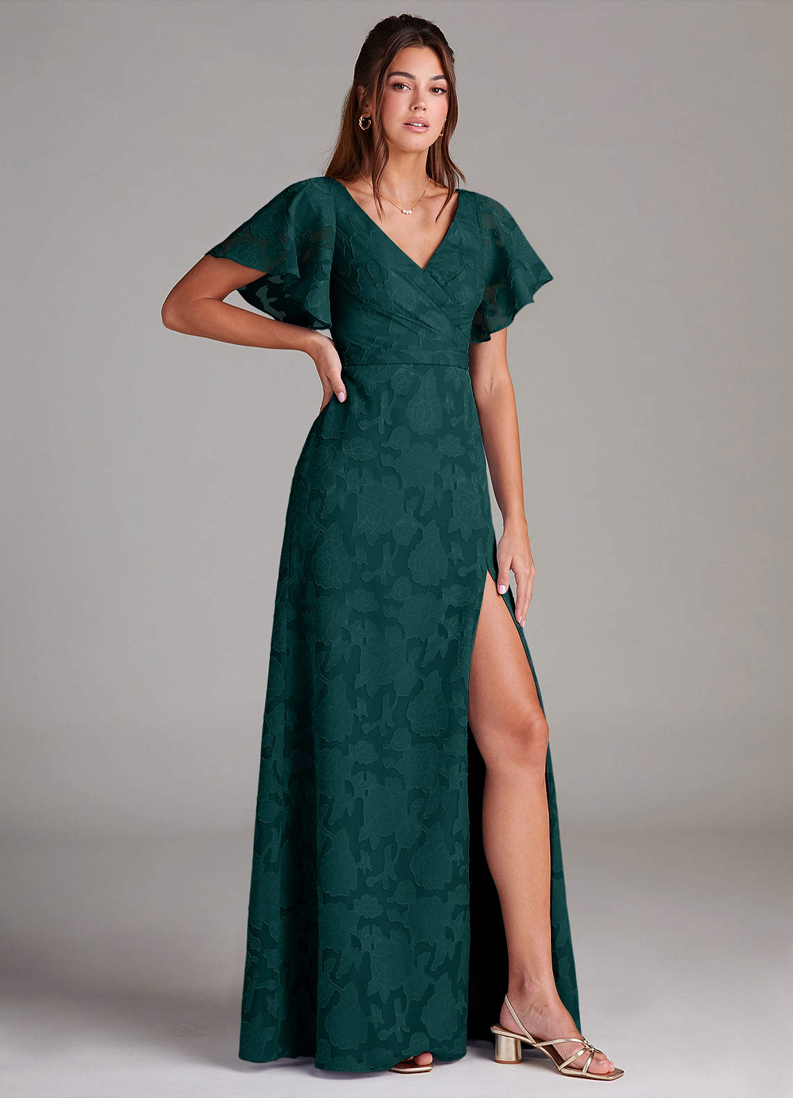 Ambrosia A-Line V-Neck Floral Burnout Bridesmaid Dress in Pine