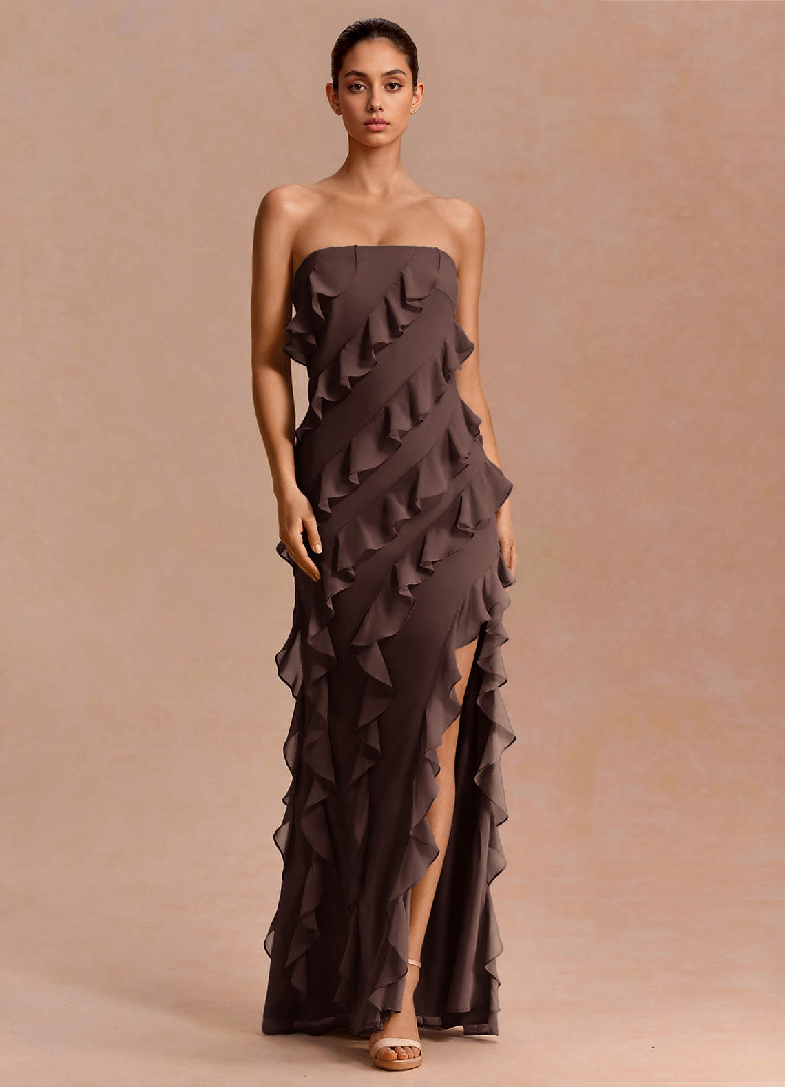 Eira A-Line Ruffle Chiffon Evening Dress in Truffle