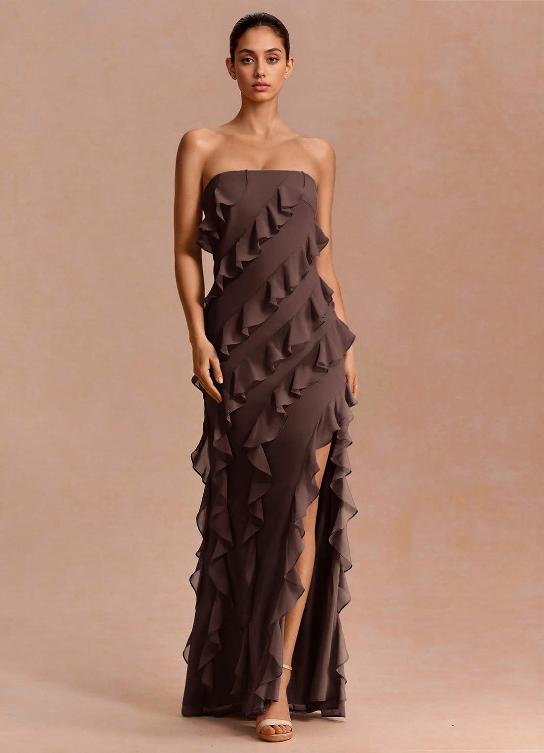 Eira A-Line Ruffle Chiffon Evening Dress in Truffle