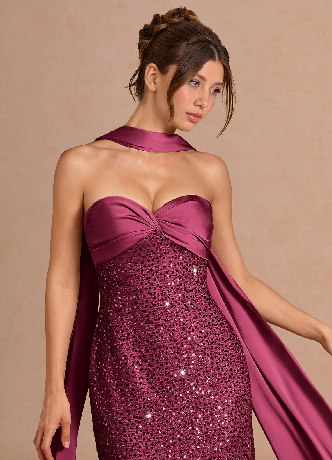 Serelle A-Line Sweetheart Sequin Satin Evening Dress in Merlot