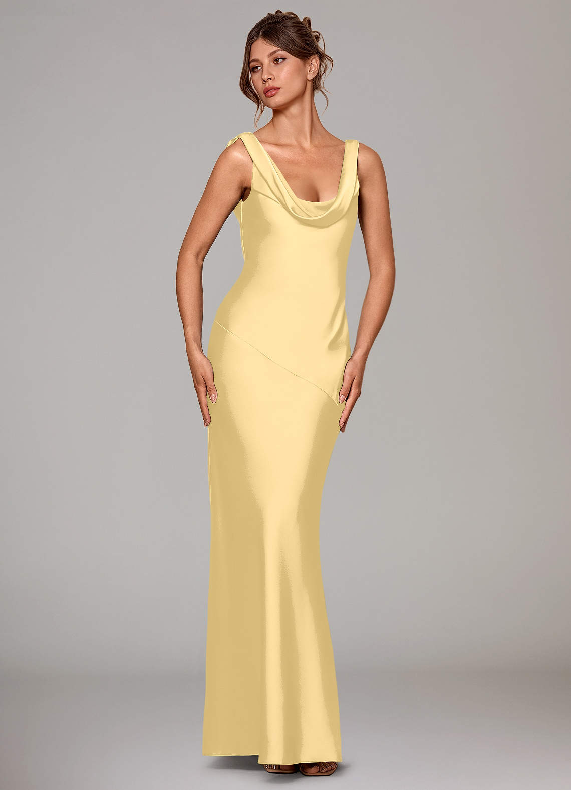 Rylina Mermaid Cowl-Neck Stretch Satin Bridesmaid Dress in Butter