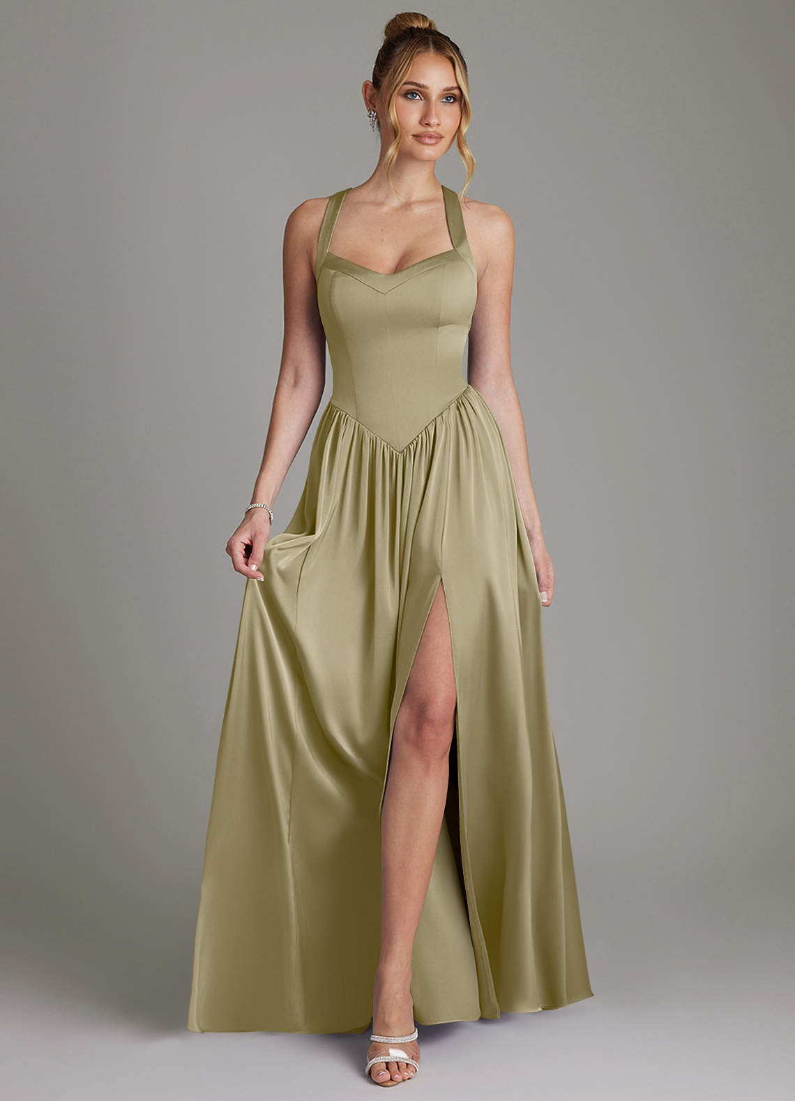 Francis A-Line V-Neck Stretch Satin Bridesmaid Dress in Moss Green