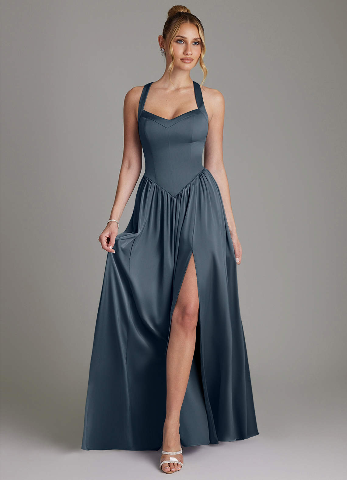 Francis A-Line V-Neck Stretch Satin Bridesmaid Dress in Twilight