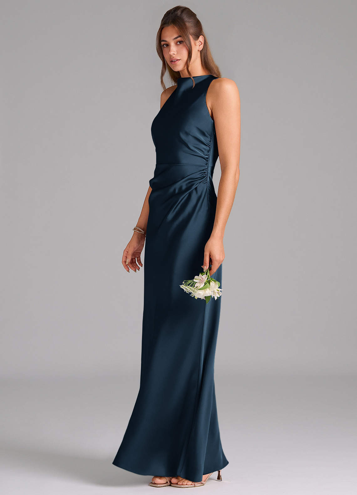 Evadne Sheath Scoop-Neck Stretch Satin Bridesmaid Dress in Dark Navy