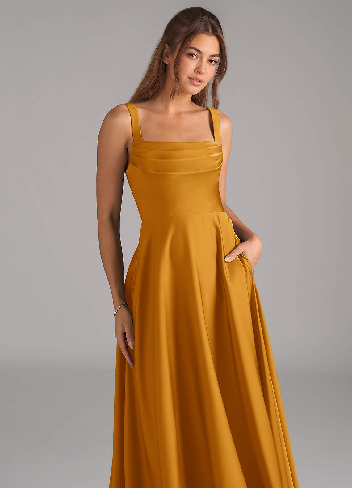 Shaude A-Line Square-Neck Stretch Satin Bridesmaid Dress in butterscotch