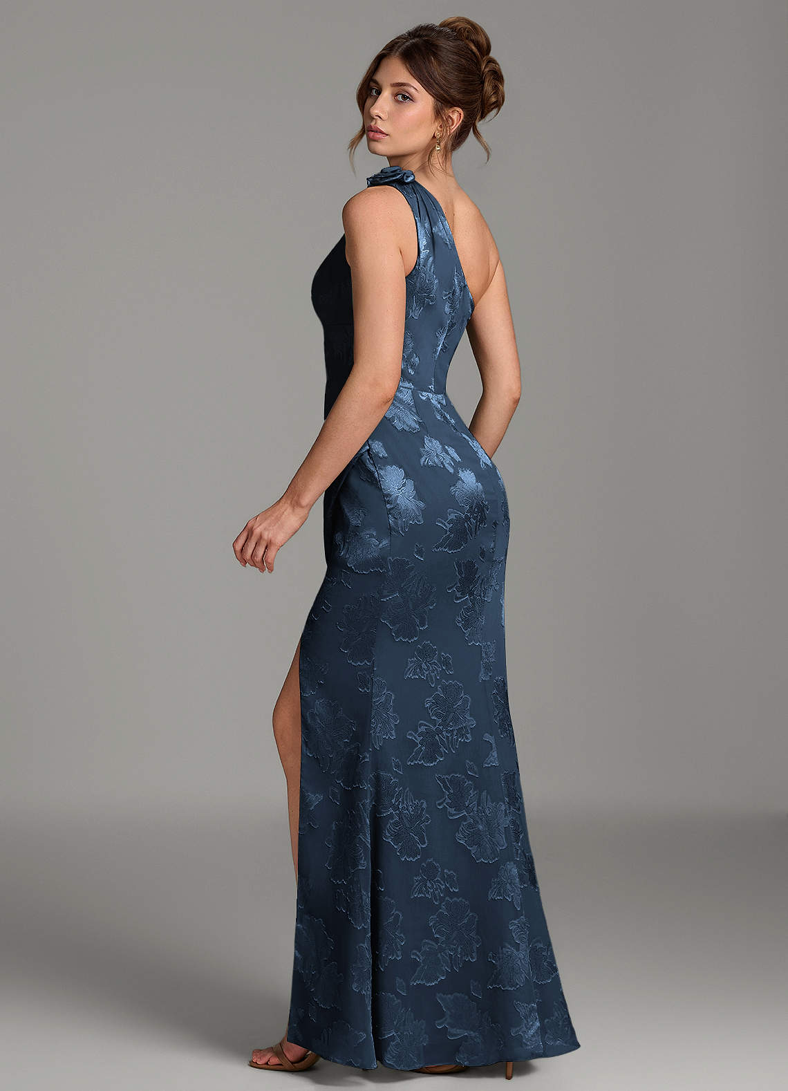 Yanie Mermaid One-Shoulder Jacquard Bridesmaid Dress in Dark Navy