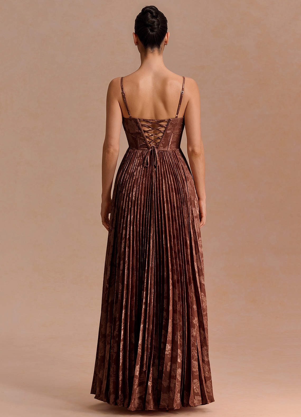 Delfina A-Line Twisted-Bust Fil Coupé Evening Dress in Mocha Coco