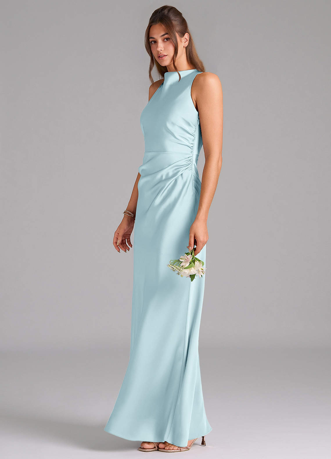 Evadne Sheath Scoop-Neck Stretch Satin Bridesmaid Dress in Cloud Blue