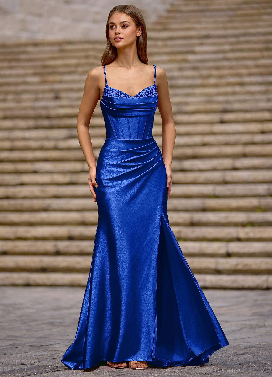 Glow Strapless Corset Slit Stretch Satin Evening Dress in black