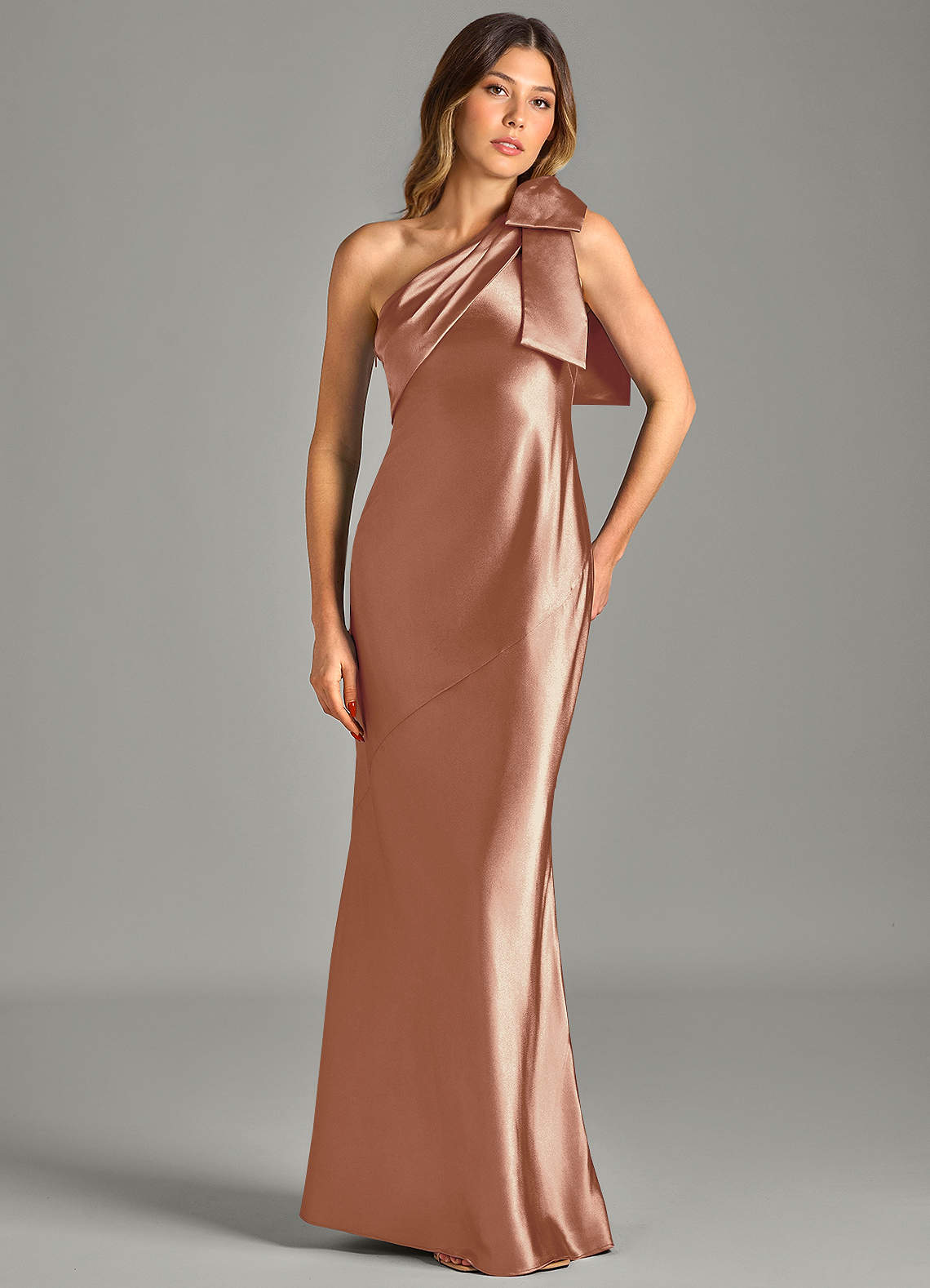 Yuanna Mermaid One-Shoulder Metallic Satin Bridesmaid Dress in Bronzer
