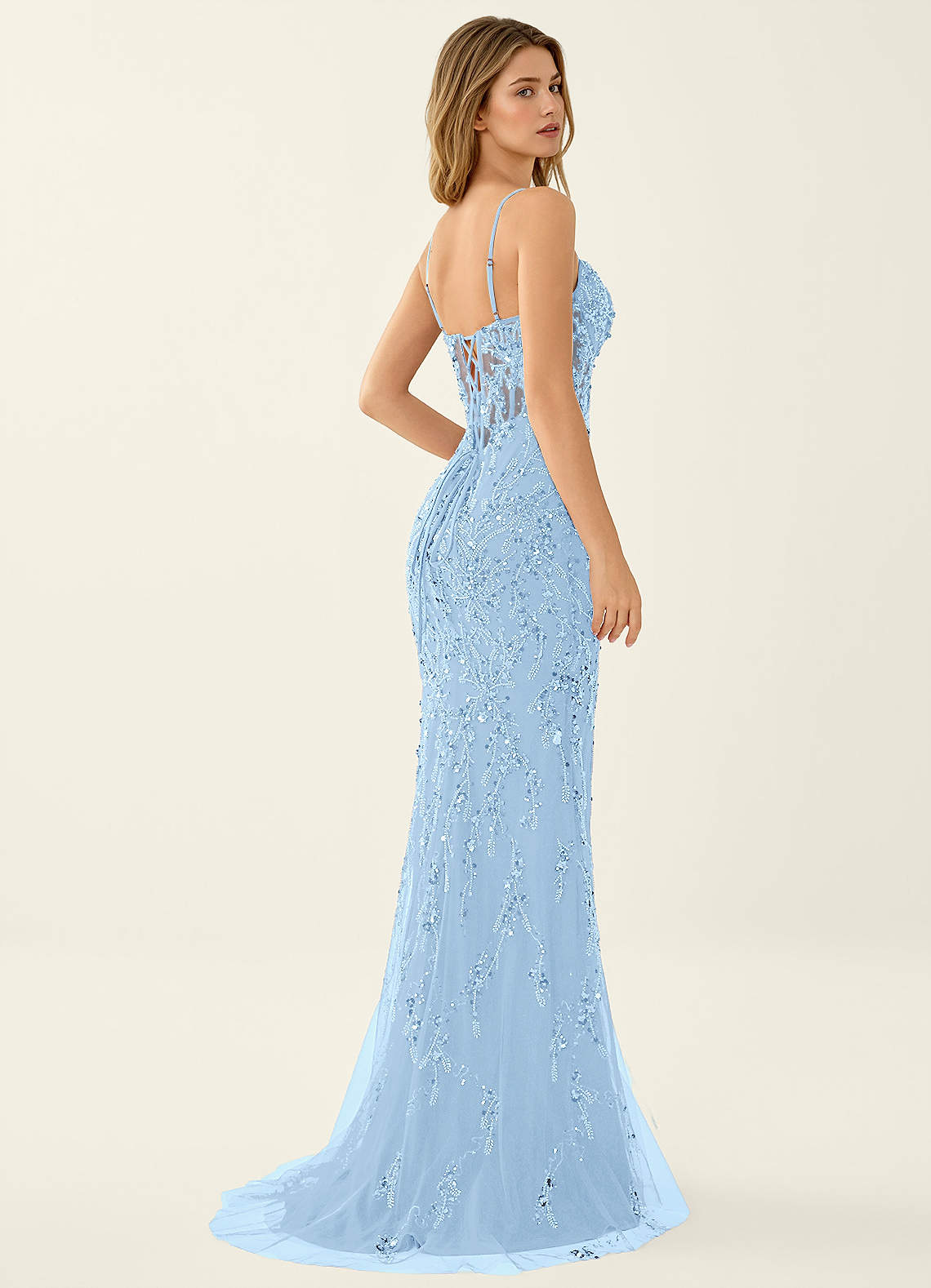 Zivah Mermaid V-Neck Beaded Stretch Mesh Evening Dress in Sky Blue