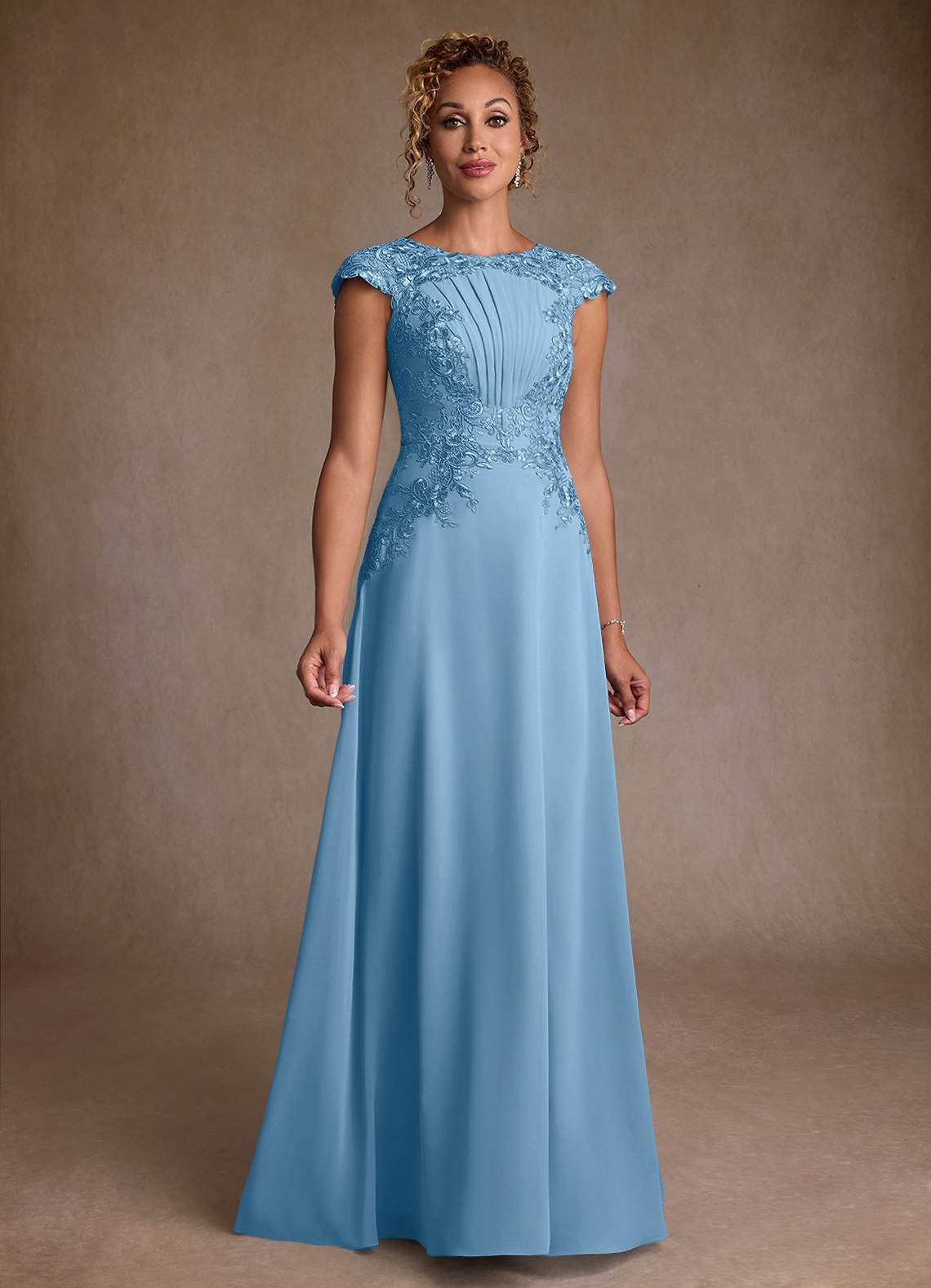 Christi A-Line Scoop-Neck Chiffon and Lace Mother of the Bride Dress in Steel Blue