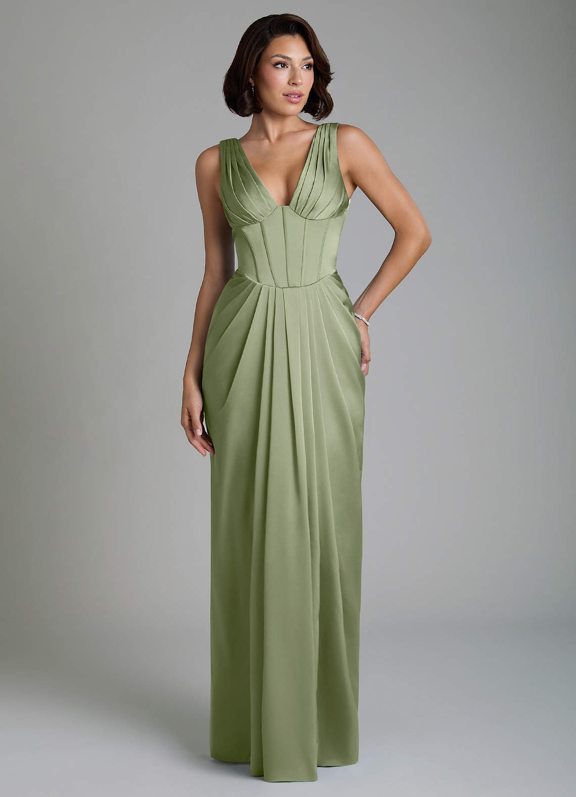Vanya Sheath V-Neck Stretch Satin Bridesmaid Dress in Pistachio