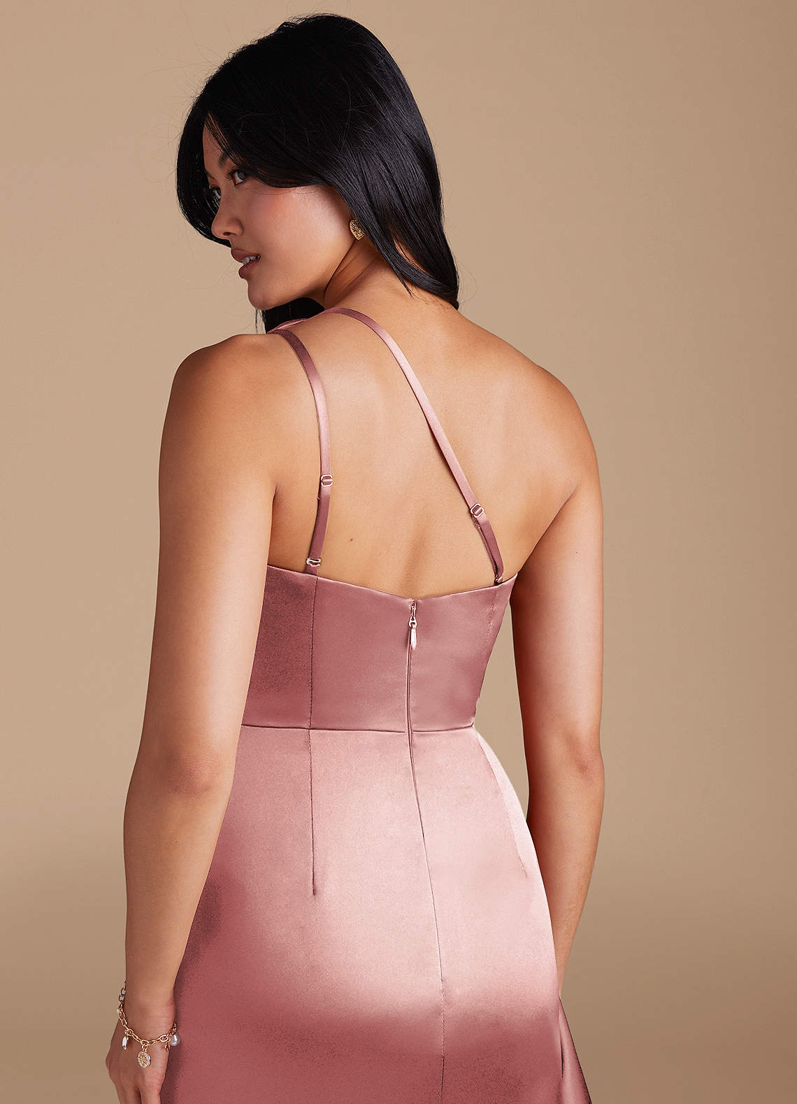 Latrice Sheath One-Shoulder Metallic Satin Bridesmaid Dress in dusty rose